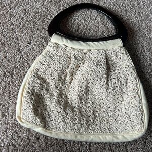 Vintage Cream Crochet Knit Purse with Brown Handles